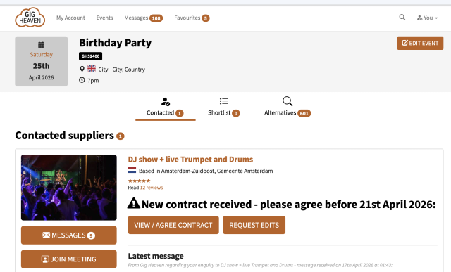 Customer event view with the New contract received alert and Agree / Request edits buttons