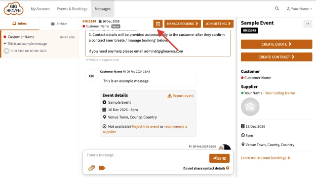 Messages page with the archive button highlighted in the event header