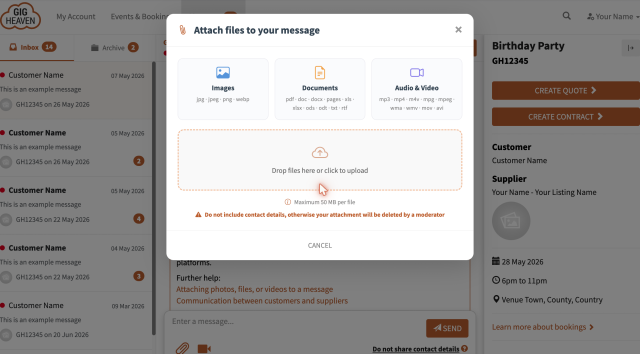 Attach files dialog showing the supported file types and a drop-zone