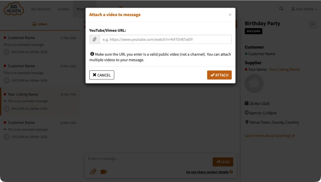 Attach a video dialog with a YouTube or Vimeo URL field