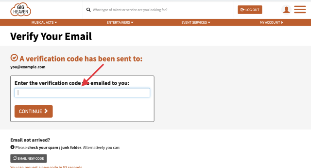 Verify Your Email page with code-entry input