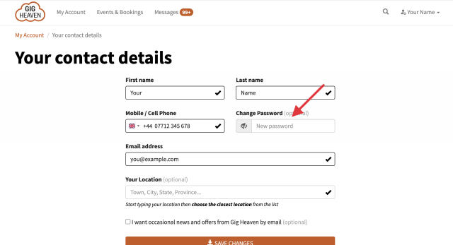 Change Password field on the Edit contact details page