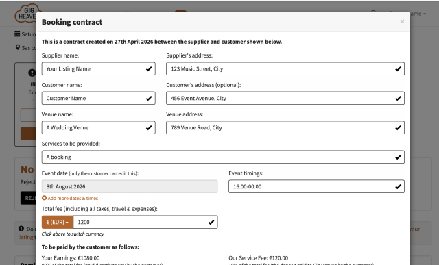 Booking contract editor with supplier, customer, venue, services, date and fee fields