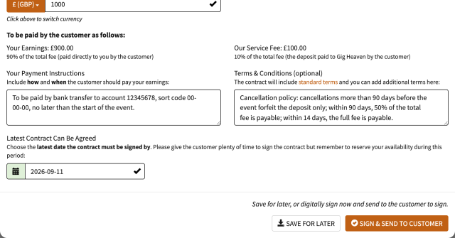 The bottom half of the booking contract editor: the 90/10 split, payment instructions, extra terms with a cancellation policy, the signing deadline, and the Save For Later and Sign & Send To Customer buttons