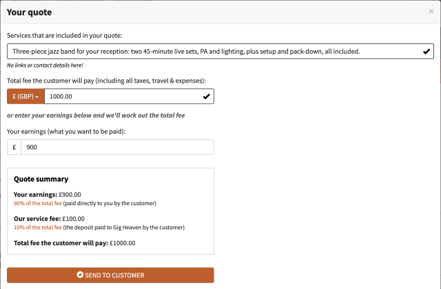 The quote window showing the services description, the total fee, and the earnings and service-fee breakdown