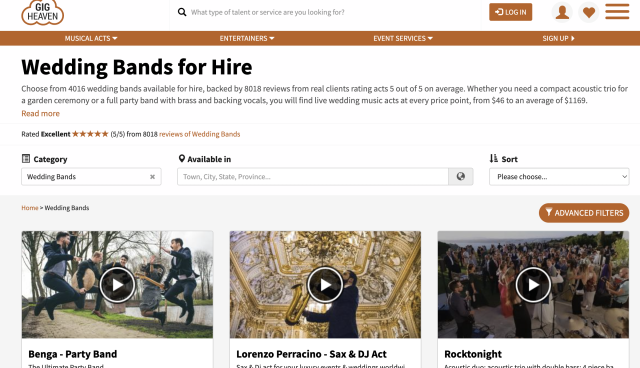 Wedding Bands search results page with category filters and supplier cards
