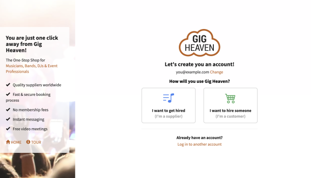 Sign up page choosing between supplier and customer account