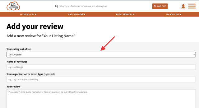 Add your review form with rating-out-of-ten and review fields