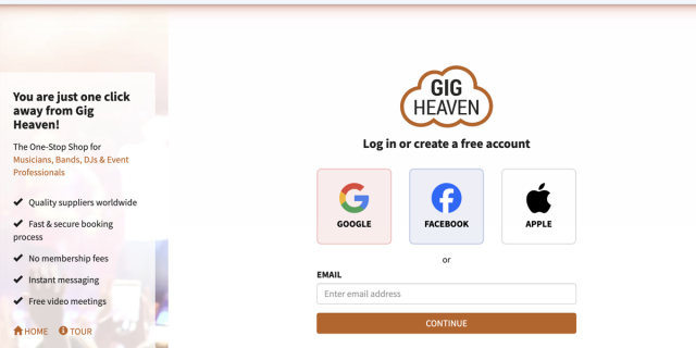 Gig Heaven login page with email, social, and passkey options