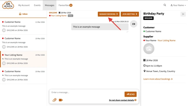 Manage Booking button at the top of a conversation