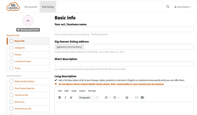 Empty listing editor with the Required info panel and section tabs