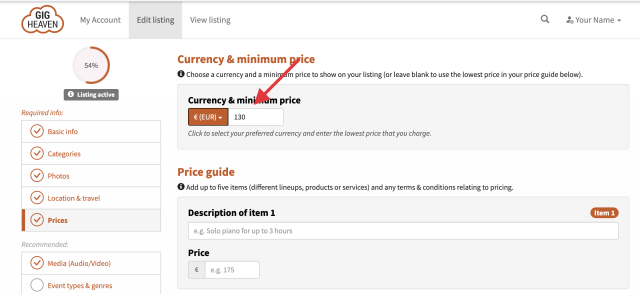 Prices tab with base price and tier inputs