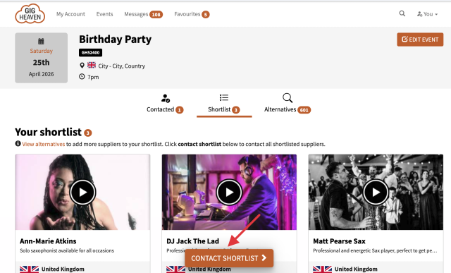 Shortlist tab on an event with three suppliers and the Contact shortlist button