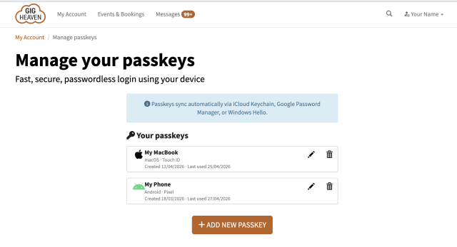 Passkey list with Rename and Delete buttons next to each entry