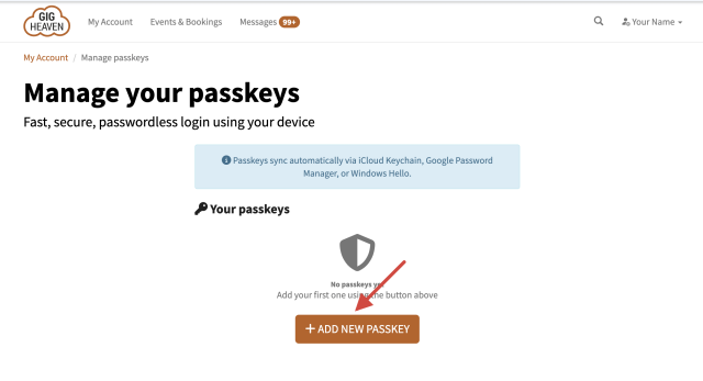Manage passkeys page with the Add new Passkey button