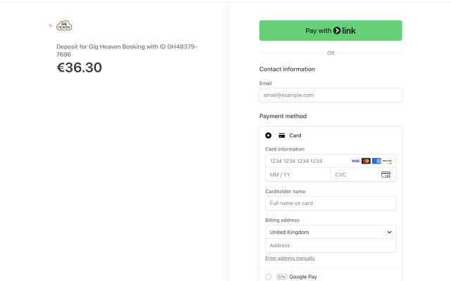 Stripe checkout page for the Gig Heaven deposit