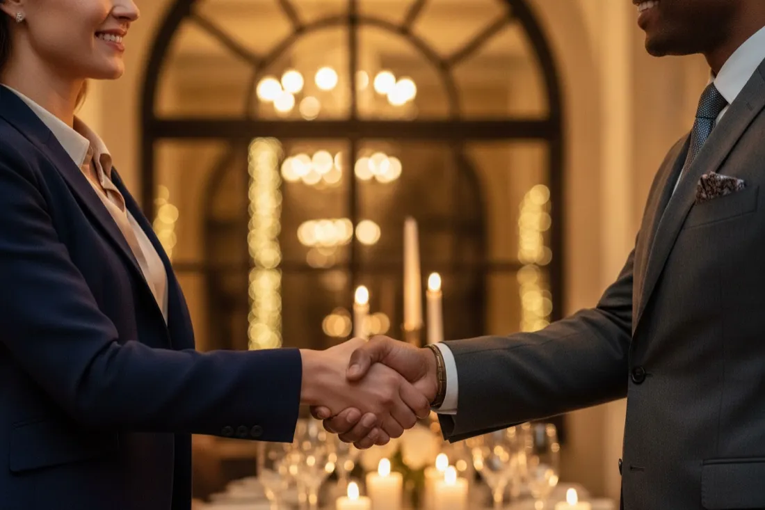 Two people shaking hands to agree a booking