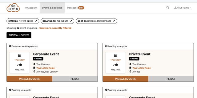 Events list with contract status badges per event