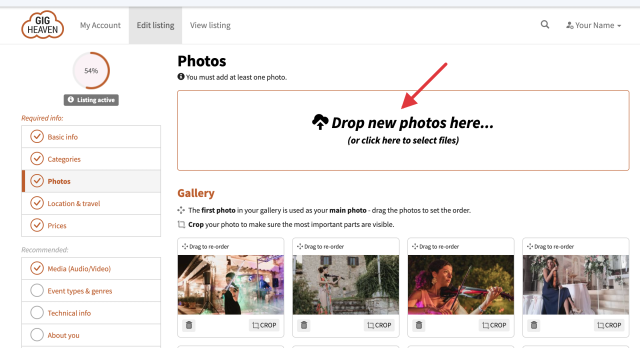 Photos tab with the drop zone and Gallery thumbnails