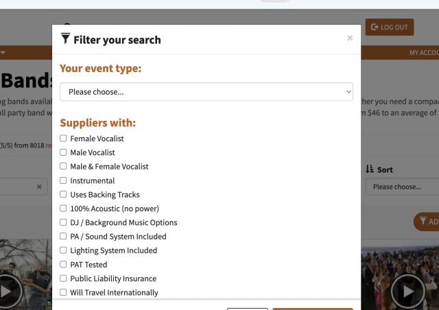 Filter your search dialog with event type and supplier-features checkboxes