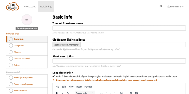 Listing editor showing the Required info panel for an inactive listing